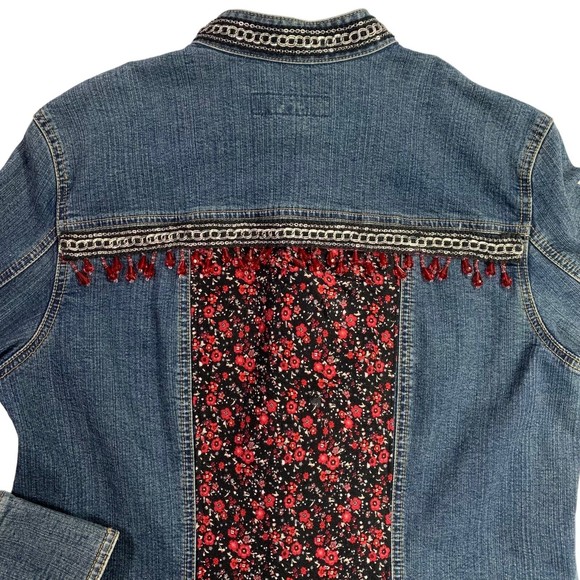 Denim Jacket Red & Black Floral w/Beaded Chain Trim Boho Banana Republic Large - Picture 11 of 14
